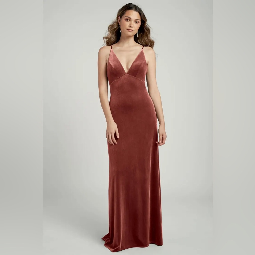 Jenny Yoo Stretch Velvet Sabrina Dress in Cinnamon Rose